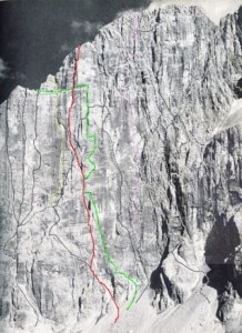La via dei 5 di Valmadrera sulla nord ovest del Civetta - linea rosa sulla destra (Photo ramellasergio.it) La via dei 5 di Valmadrera sulla nord ovest del Civetta - linea rosa sulla destra (Photo ramellasergio.it)