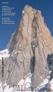 Le vie sulla parete est del Fitz Roy (Photo www.pataclimb.com - Rolando Garibotti) Le vie sulla parete est del Fitz Roy (Photo www.pataclimb.com - Rolando Garibotti)