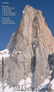 Le vie sulla parete est del Fitz Roy (Photo www.pataclimb.com - Rolando Garibotti)