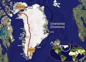 La via prevista per la travesata sud-nord della Groenlandia (Desnivel - Basque Team Desafioa)