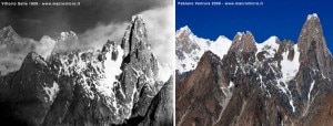 Foto storica - Monte Paiju e torre vicina (Photo Rdokass Vittorio Sella 1909 - Fondazione Sella) Foto moderna - Torri del Payu (Photo Fabiano Ventura Karakorum 2009)