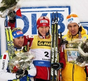 Il podio della combinata nordica (da sinistra a destra): Alessandro Pittin, secondo, Havard Klemetsen, primo e Tino Edelmann, terzo. (Olsen, Geir/AFP/Getty Images)