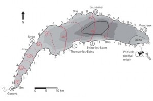 Una delle ricostruzioni dello Tsunami, in cui le linee rosse evidenziano il tempo impiegato dalle onde anomale per attraversare il lago (Photo Nature Geoscience)