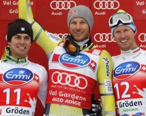 Il podio del Supergigante di Val Gardena: da sinistra Matteo Marsaglia, secondo, Aksel Lund Svindal, primo, e Werner Heel, terzo (Photo courtesy of Action Images / Reuters/Alessandro Garofalo)