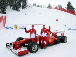 Fernando Alonso, Felipe Massa e la Ferrari da Formula Uno F2012 sulle nevi di Madonna di Campiglio (Photo courtesy of Il Giornale di Vicenza.it) 