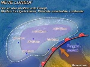 Accumuli di neve previsti per lunedi 11 febbraio (Photo 3bmeteo.com)