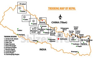 Map of Nepal showing trekking routes. Photo: www.greatholidaysnepal.com