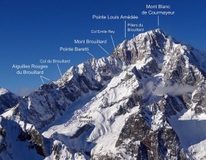 La cresta del Brouillard dove sarebbero bloccati i due alpinisti dispersi (Photo Christian courtesy of Wikimedia Commons/Camp to Camp)