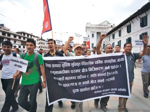 Locals of Basantapur and supporters stage protest rally against the KMC decision in Kathmandu Durbar Square. Photo: Kantipur 