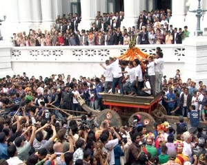 A chariot procession being taken out on the occasion of Indrajatra at Hanuman Dhoka of Kathmandu Durbar Square in Basantapur. Photo: File photo 