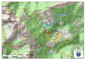 La cartina realizzata dal Cai per raggiungere il Rifugio Resegone. In giallo il percorso che parte da Brumano, in azzurro quello da Fuipiano (Photo courtesy of Cai)