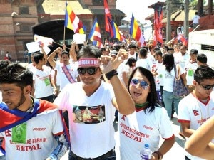 Participants of the rally organized in Kathmandu on Saturday, September 14, 2013 to protest false information about Buddha's birth place in Kathmandu.  