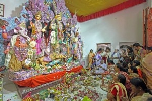 Devotees offering ‘Mahaastami’ Puja to Goddess Durga on the occasion of Basanti Puja festival at Bolpur in Birbhum district of West Bengal, file photo.