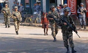 Security personnel patrolling one of the streets in the Capital Kathmandu during the first CA polls held in 2008. File Photo.