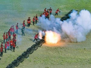 Army personal blasting the cannons on the occasion of Phulpati in Tudikhel, the open theater, on the seventh day of Dashain.