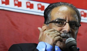 Maoist chairman Pushpa Kamal Dahal during a press conference organized at his party headquarters in Kathmandu to announce overall boycott of the constitution writing process on Thursday, Nov. 21. The party has secured a huge loss in the recently held CA elections. Photo: NMF