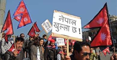 Group of youth participate in "Nepal Khulla Chha" (Nepal is open) movement against the 33 party general strikes at Maitighar Mandala in Kathmandu on Monday, November 11, 2013. Photo: NMF