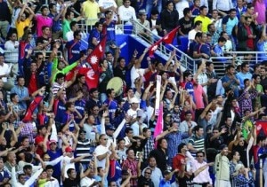 Nepali Cricket fans cheering up their team during the match between Nepal and Hong Kong at the Sheikh Zayed Stadium in Abu Dhabi on Wednesday. Photo: cricketingnepal.com