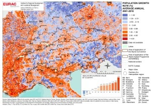 La mappa delineata dall'Eurac sullo sviluppo demografico nell'area alpina tra il 2001 e il 2010 (Photo courtesy of Eurac)