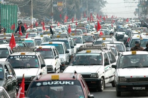 Taxis takeout rally on the street after the government made strict rules to curb meter tampers in Kathmandu few months ago. Photo: File photo/NMF