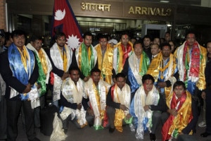 The national cricket team upon their arrival at the Tribhuvan International Airport in Kathmandu on Sunday.