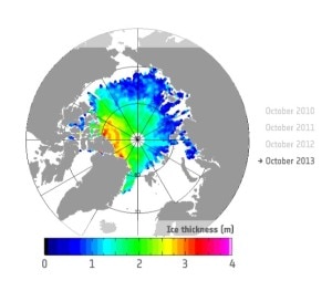 Il volume del ghiaccio artico fotografato dal satellite dell'Esa nell'ottobre del 2013 (Photo courtesy of Esa)