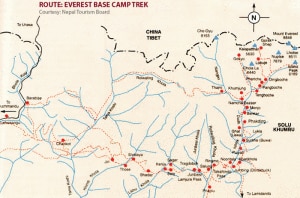 Route to Everest Base Camp trek where Khumjung seems. Map by www.frontiersoftravel.com