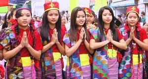 Tamang girls welcome guests at a function organized on the occasion of Sonam Lhosar in Kathmandu. Photo: NMF