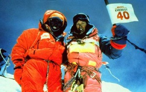 Rebecca with mountaineer  Pasang Sherpa on the Everest summit. Photo: snowdon500.co.uk