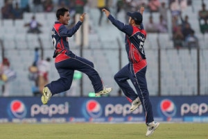  Nepali cricketers celebrate after winning the third Group A match of World T20 against Afghanistan, at the Zahur Ahmed Chowdhury Stadium in Bangladesh on Thursday‚ March 20‚ 2014. Photo Courtesy: ICC  