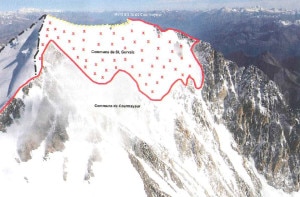 Il confine francese in rosso segna l'enclave di Saint Gervais che ingloba tutta la cima del Bianco (Carta Laura e Giorgio Aliprandi in Le Grandi Alpi nella cartografia 1482-1885, Priuli Verlucca vol II 2007)