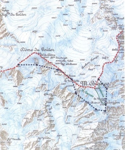 Il confine italiano in rosso e quello francese in blu (Carta Laura e Giorgio Aliprandi in Le Grandi Alpi nella cartografia 1482-1885, Priuli Verlucca vol II 2007)