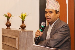 Dr Rishi Ram Sharma, Director General of the Department of Hydrology and Meteorology addresses the workshop. Image: ICIMOD