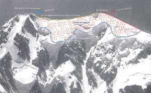 Versante sud est della Brenva il confine francese in blu, quello italiano in rosso. La zona punteggiata è territorio francese (Carta Laura e Giorgio Aliprandi in Le Grandi Alpi nella cartografia 1482-1885, Priuli Verlucca vol II 2007)