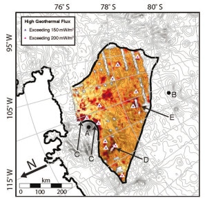 Mappa del flusso geotermico sotto il ghiacciaio Thwaites. I triangoli sono i punti in cui il flusso è più alto superando i 150 o addirittura i 200 milliwatts per metro quadrato. Le lettere C, D ed E indicano invece le aree dove lo scioglimento dei ghiacci è più marcato. (Photo courtesy of University of Texas Institute Geophysics)