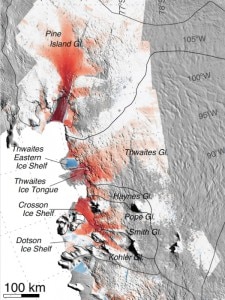 Il West Antarctic Ice Sheet (Wais). Più il colore rosso è intenso, più in quell'area si è registrato un aumento del flusso dei ghiacci negli ultimi anni (Photo Eric Rignot courtesy of Nasa)