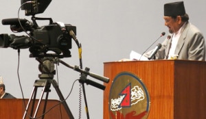 Finance Minister announcing budget for the fiscal year 2070/71 in Parliament on Monday. Image courtesy: agency.