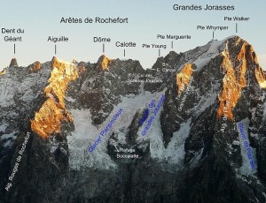 Versante meridionale delle Grandes Jorasses, al centro il rifugio Boccalatte (Photo courtesy of Wikimedia Commons)