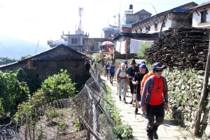 In this image taken a week ago, foreign tourists are seen walking across the Aannapurna region. Image source: 