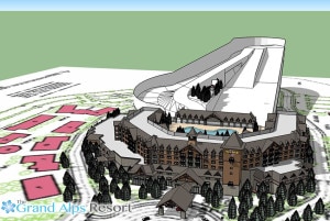 Il progetto del cuore del Resort, ovvero le piste da sci e l'hotel (Photo courtesy of The Grand Alps)