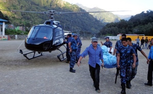 A dead body of trekkers  found at the base camp of Mt. Dhaulagiri being airlifted to Nepal Army chopper. Image: RSS