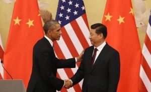 Il presidente degli Stati Uniti, Barack Obama, e il  presidente cinese, Xi Jinping, durante la conferenza stampa (Photo courtesy of Ansa/Epa)