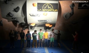 Intervista al vincitore Adam Ondra durante la premiazione, alla sua destra gli altri partecipanti Alexander Megos, secondo, Jan Hojer, terzo, Jimmy Webb, quarto, Daniel Woods, quinto, e Jernej Kruder, sesto (Photo courtesy of La Sportiva Legends Only)