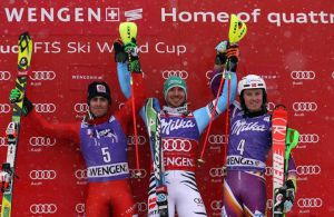 Il podio dello slalom maschile di Wengen: da sinistra a destra Stefano Gross, secondo, Felix Neureuther, primo, e Henrik Kristoffersen, terzo (Photo courtesy of Fisi)