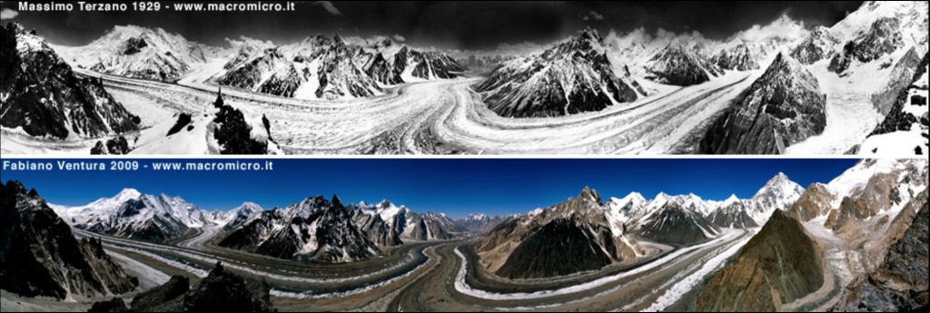 Foto comparativa del ghiacciaio del Baltoro, sopra Concordia. La prima scattata nel 1929, la seconda durante la spedizione del 2009. Photo micromacro - Fabiano Ventura