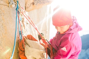 Mayan Smith-Gobat on top of pitch 31 (7c+ )in the route riders on the storm, Torres del Paine