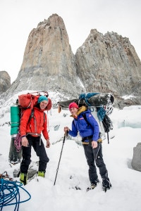 Ines Papert and Mayan Smith-Gobat descending after they have climbed the route riders on the storm in Torres del Paine