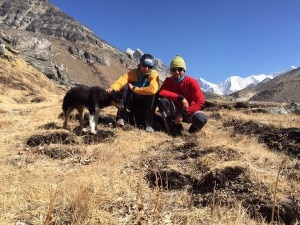 Cazzanelli e Farina, alle loro  spalle Everest, Lhotse e Baruntse. Con loro Mera, la nuova compagna di viaggio trovata sotto il Mera Peak. Photo courtesy François Cazzanelli Facebook page. 