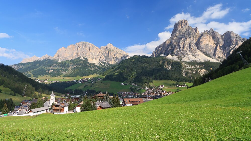 Corvara village and Badia Valley in summer Alto Adige, Italy