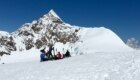 Vetta della Piramide Vincent, 4225m, gruppo Monte Rosa con bellissima visuale sul Lyskamm Orientale salita in scialpinismo con l'amica Maria Charrouf da Punta Indrend per la parete SE. Foto Michele Marzan